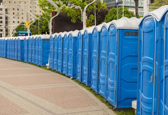 a row of portable restrooms for a special event, ensuring guests have access to clean facilities in Carter Lake